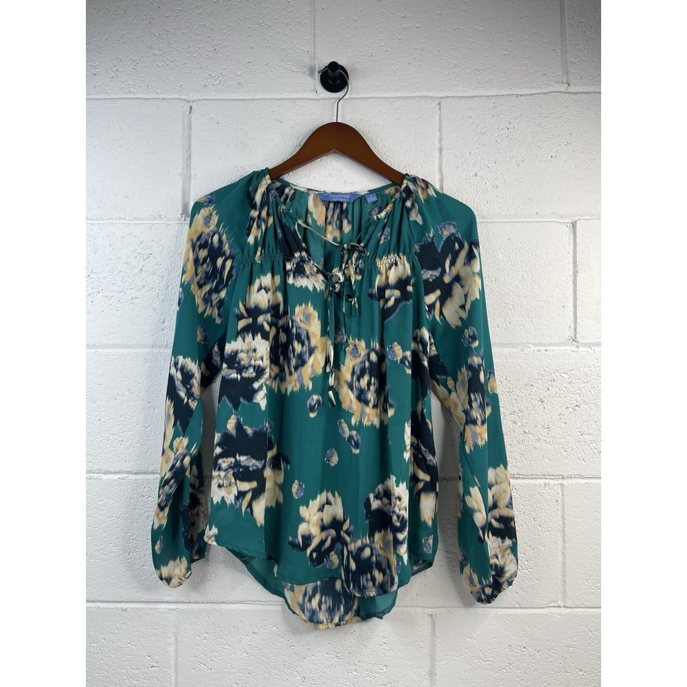 Simply Vera Women's  v neck tie up elastic‎ long sleeve  Teal Floral Blouse S